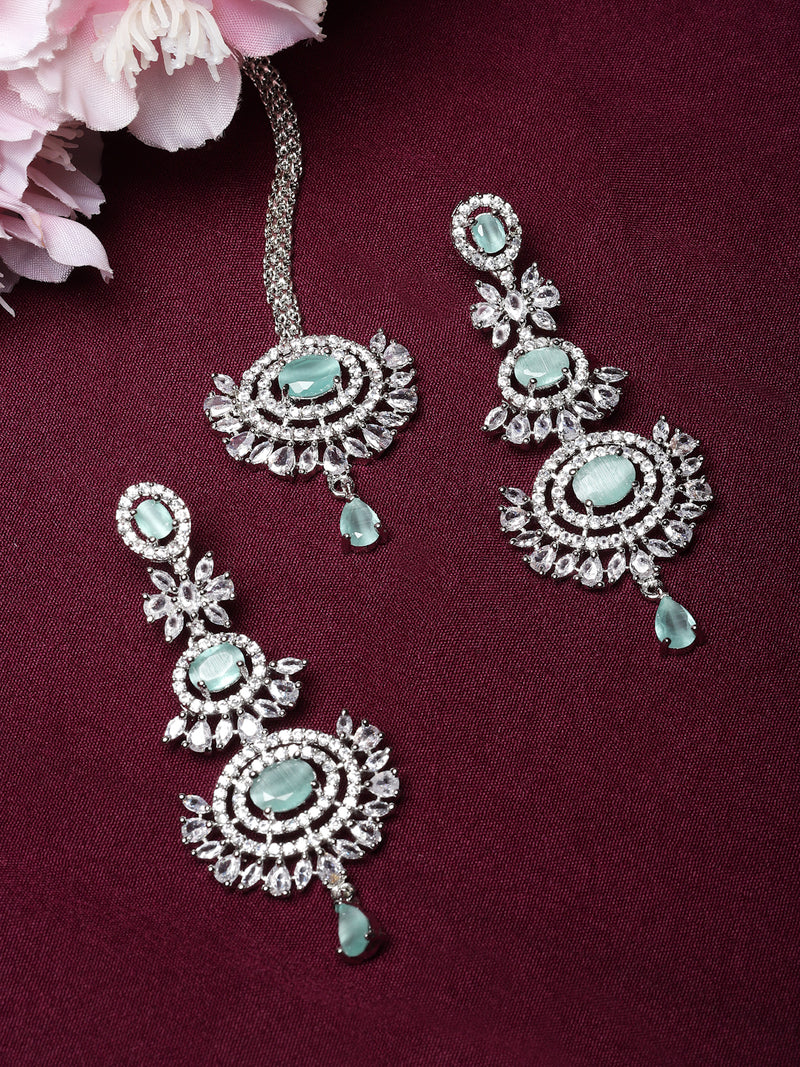 Rhodium-Plated Silver Toned Sea Green & White American Diamond studded Maang Tikka with Dangle Drop Earrings