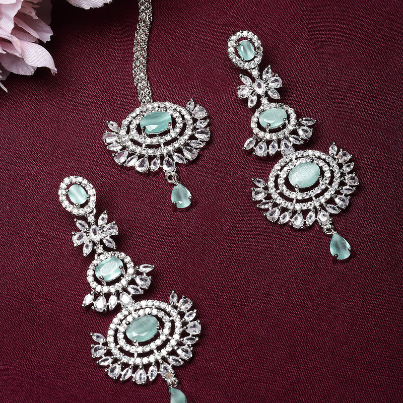 Rhodium Plated Silver Toned Sea Green American Diamond Studded Maang Tikka With Earring