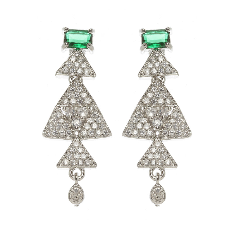 Rhodium-Plated Green American Diamond Studded Triangular Design Necklace & Earrings Jewellery Set