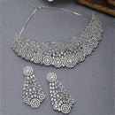 Rhodium-Plated Silver Toned White American Diamond Choker Necklace with Earrings Jewellery Set