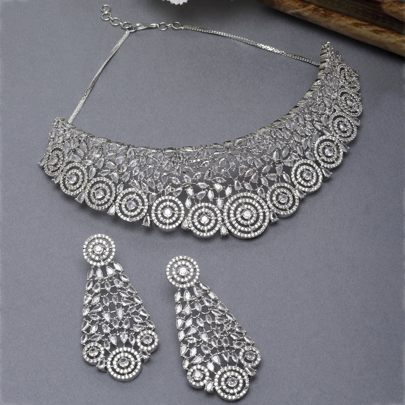 Rhodium-Plated Silver Toned White American Diamond Choker Necklace with Earrings Jewellery Set