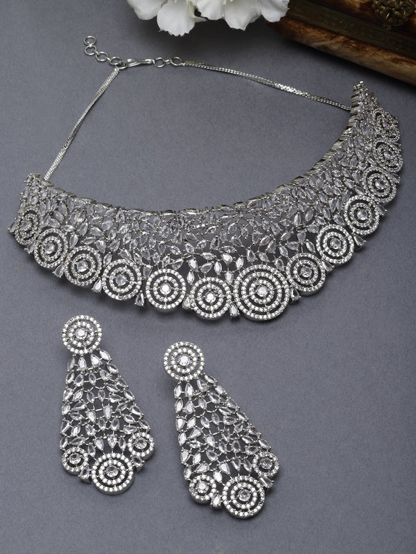 Rhodium-Plated Silver Toned White American Diamond Choker Necklace with Earrings Jewellery Set