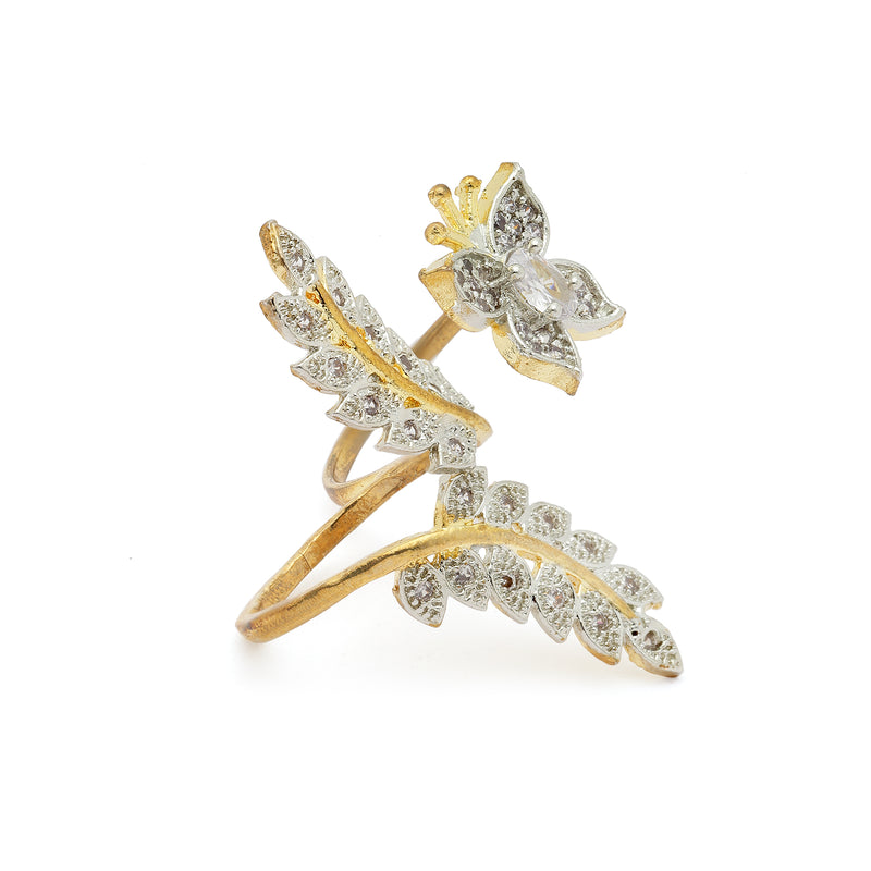 Gold-Plated  Butterfly & Leaf Shaped White Cubic Zirconia Studded  Ring