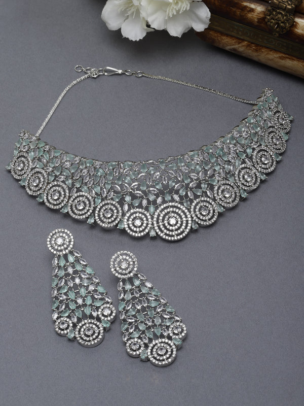 Rhodium-Plated Silver Toned Sea Green American Diamond Choker Necklace with Earrings Jewellery Set