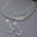 Rhodium-Plated Silver Toned Sea Green American Diamond Choker Necklace with Earrings Jewellery Set