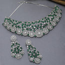 Rhodium-Plated Silver Toned Green American Diamond Choker Necklace with Earrings Jewellery Set