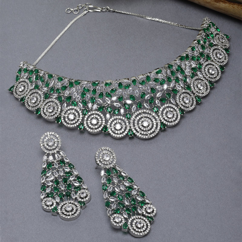 Rhodium-Plated Silver Toned Green American Diamond Choker Necklace with Earrings Jewellery Set