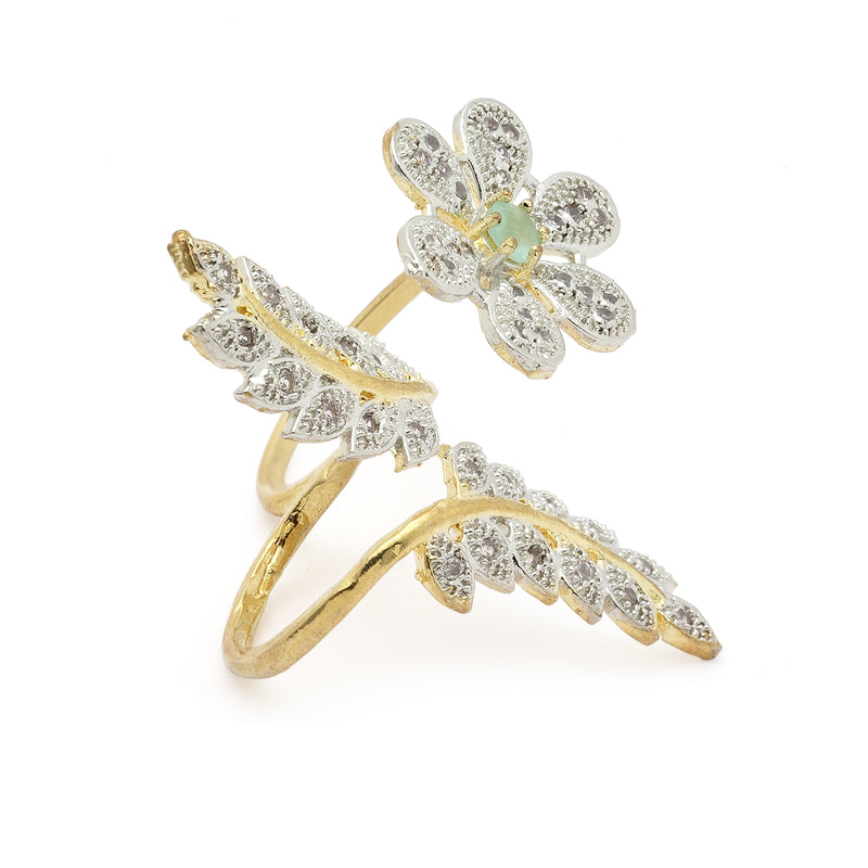 Gold-Plated Floral & Leaf Shaped Sea Green & White Cubic Zirconia Studded  Ring