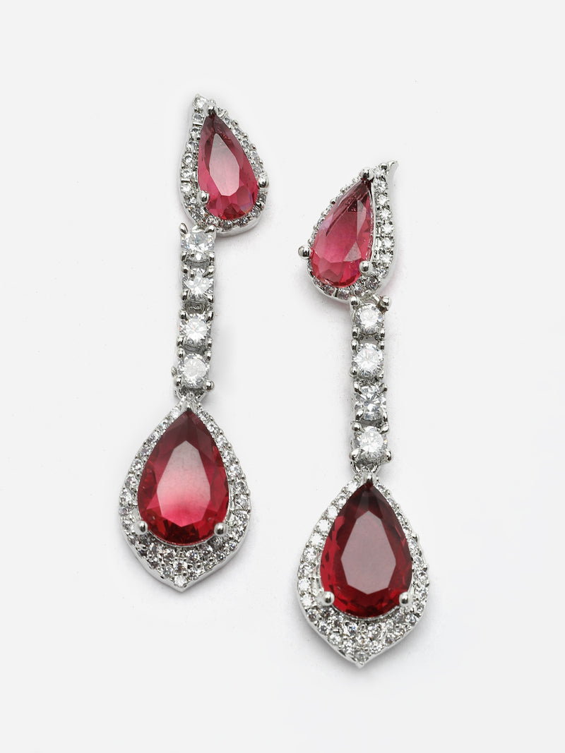 Rhodium-Plated Red & White American Diamond studded Teardrop Shaped Classic Drop Earrings