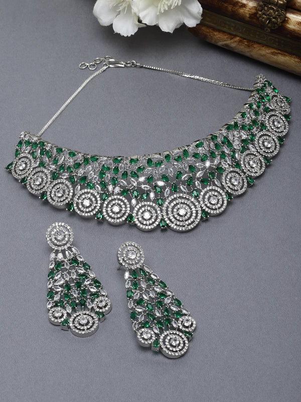 Rhodium-Plated Silver Toned Green American Diamond Choker Necklace with Earrings Jewellery Set