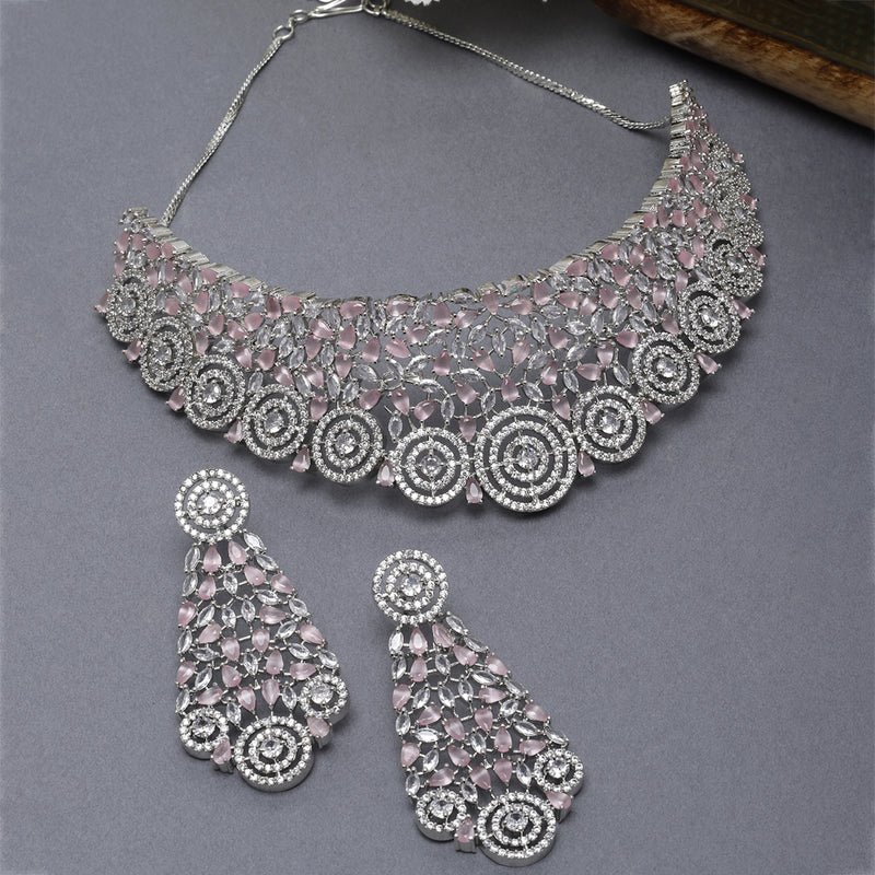 Rhodium-Plated Silver Toned Pink American Diamond Choker Necklace with Earrings Jewellery Set