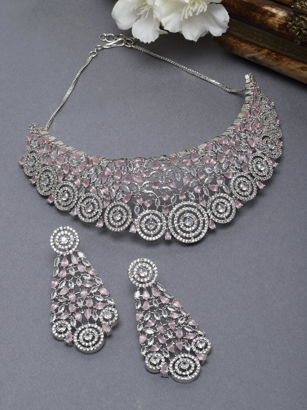 Rhodium-Plated Silver Toned Pink American Diamond Choker Necklace with Earrings Jewellery Set