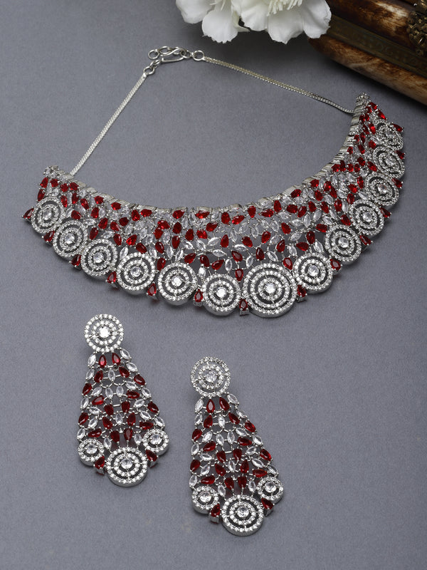 Rhodium-Plated Silver Toned Red American Diamond Choker Necklace with Earrings Jewellery Set