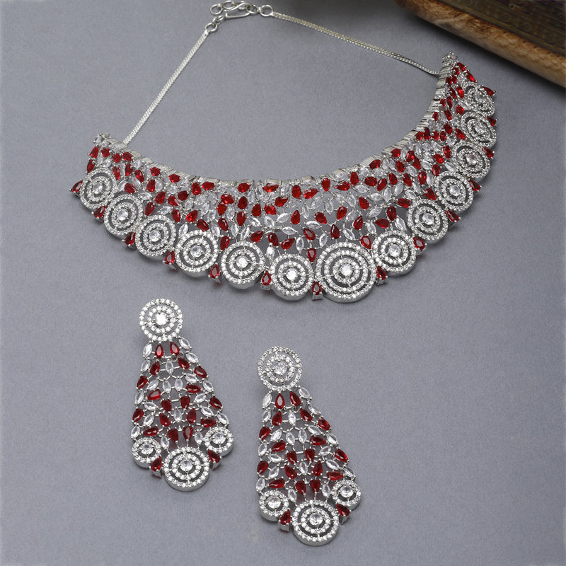 Rhodium-Plated Silver Toned Red American Diamond Choker Necklace with Earrings Jewellery Set