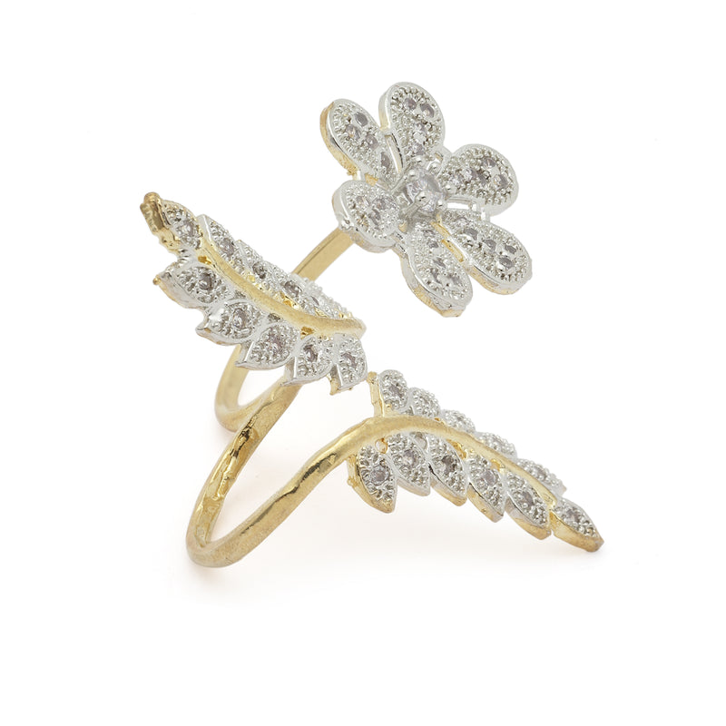Gold-Plated Flower & Leaf Shaped White Cubic Zirconia Studded  Ring