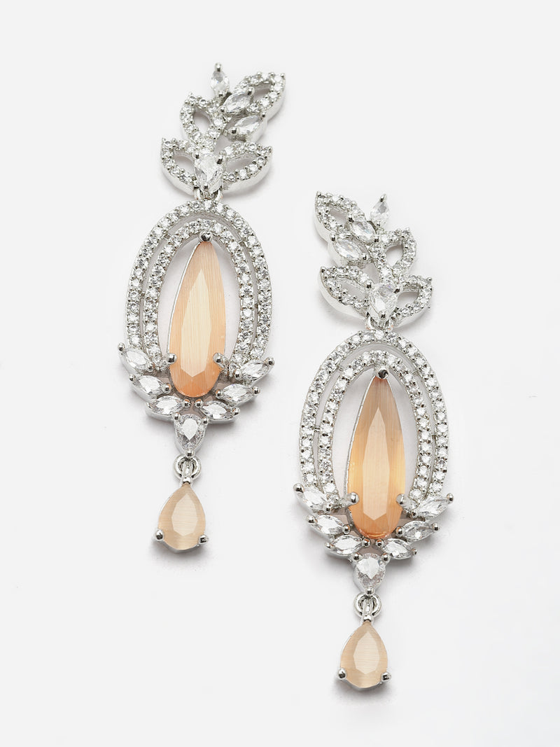 Rhodium-Plated Orange & White American Diamond studded Handcrafted Teardrop Shaped Drop Earrings