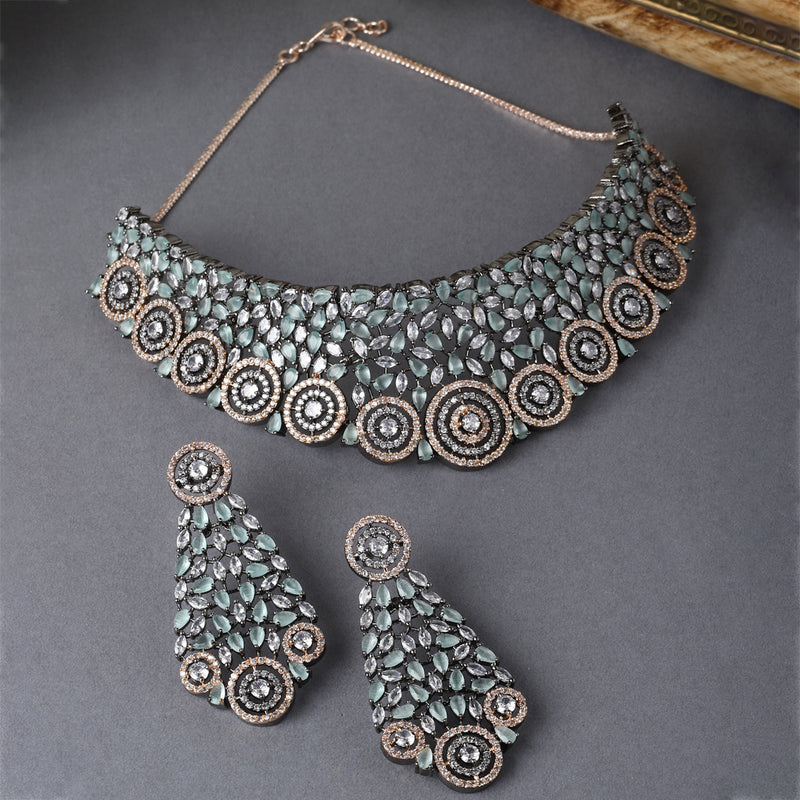 Rose Gold-Plated Gunmetal Toned Sea Green American Diamond Choker Necklace with Earrings Jewellery Set