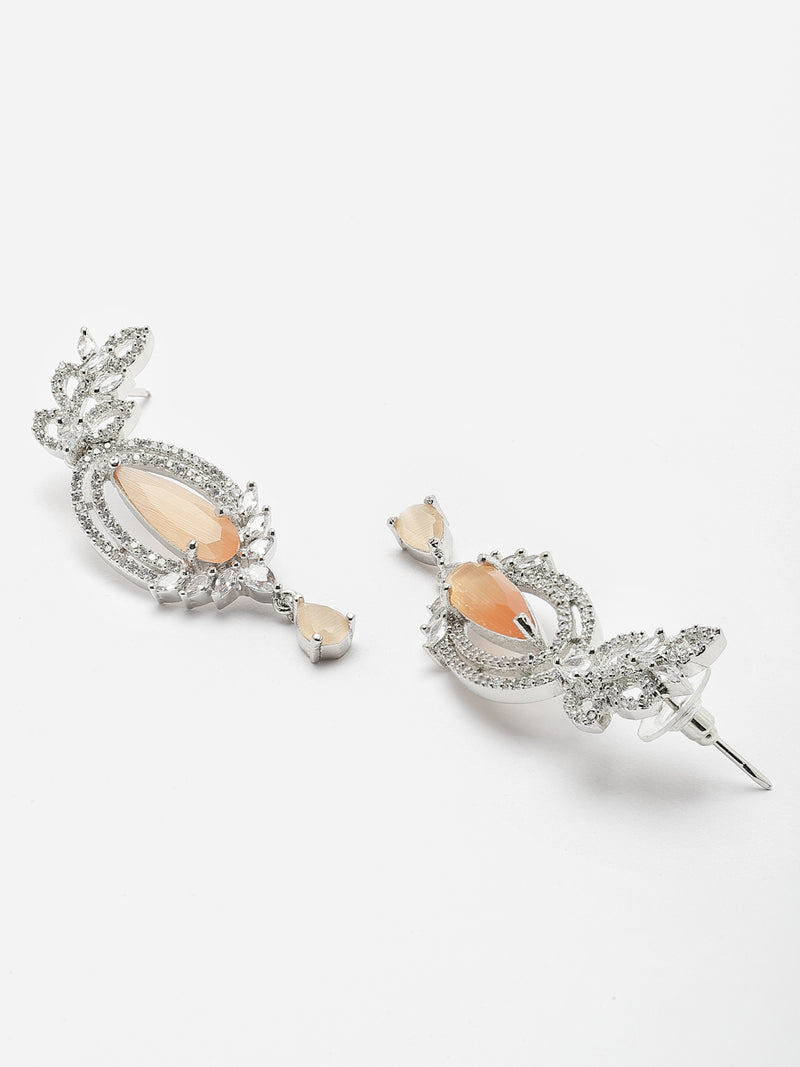 Rhodium-Plated Orange & White American Diamond studded Handcrafted Teardrop Shaped Drop Earrings