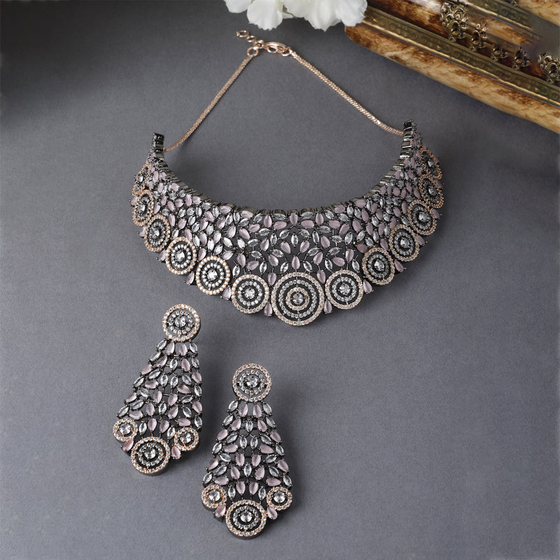 Rose Gold-Plated Gunmetal Toned Pink American Diamond Choker Necklace with Earrings Jewellery Set