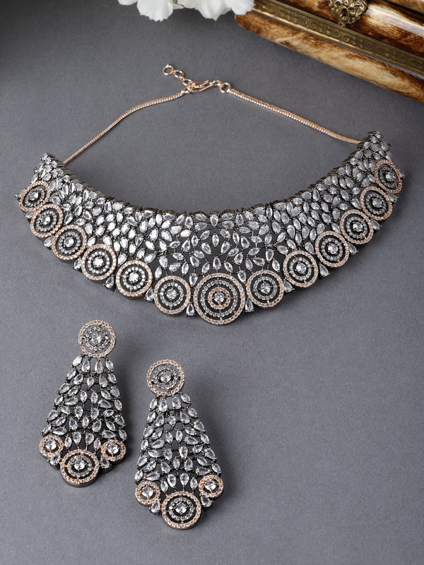 Rose Gold-Plated Gunmetal Toned White American Diamond Choker Necklace with Earrings Jewellery Set