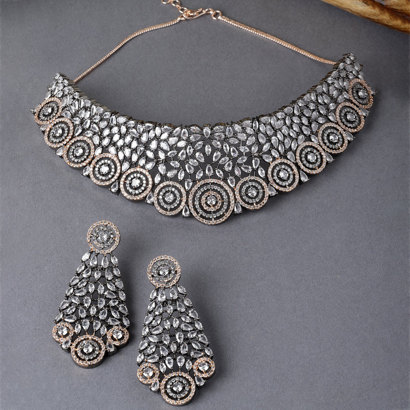 Rose Gold-Plated Gunmetal Toned White American Diamond Choker Necklace with Earrings Jewellery Set