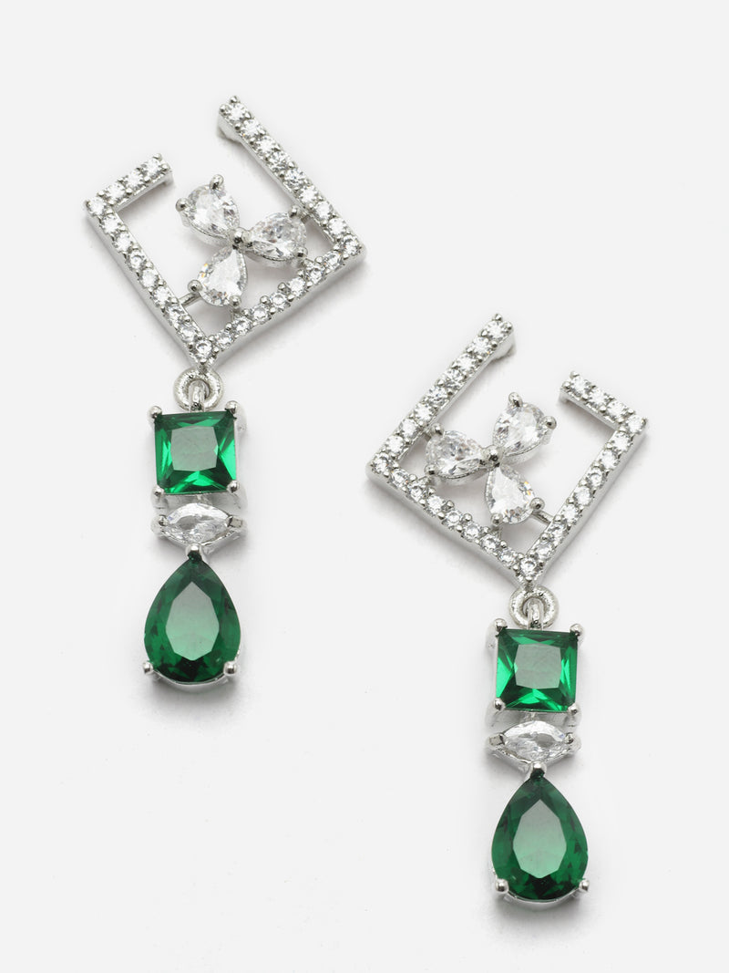 Rhodium-Plated Green & White American Diamond studded Square & Teardrop Shaped Contemporary Drop Earrings