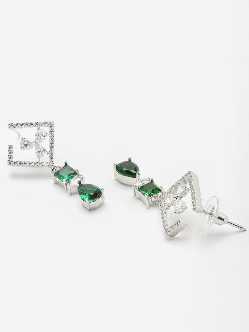 Rhodium-Plated Green & White American Diamond studded Square & Teardrop Shaped Contemporary Drop Earrings