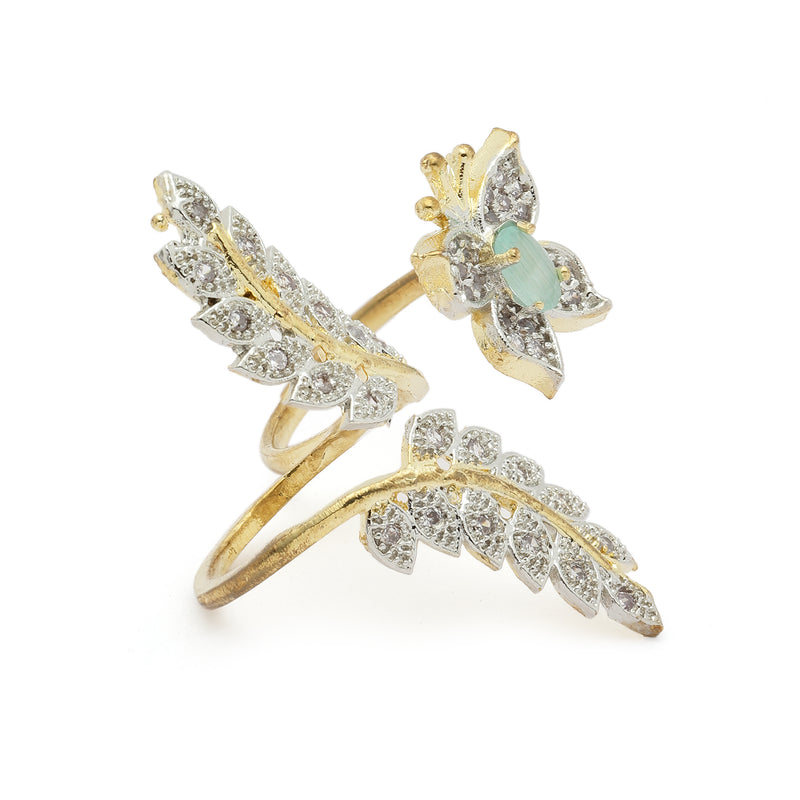 Gold-Plated  Flower & Leaf Shaped Sea Green Cubic Zirconia Studded  Ring