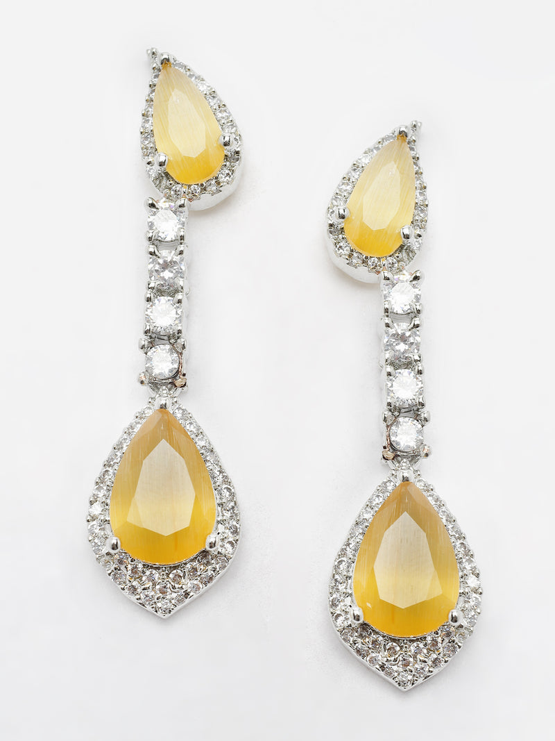 Rhodium-Plated Yellow & White American Diamond studded Teardrop Shaped Classic Drop Earrings