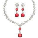 Rhodium-Plated Red Square American Diamonds Studded Pendulous Necklace & Earrings Jewellery Set