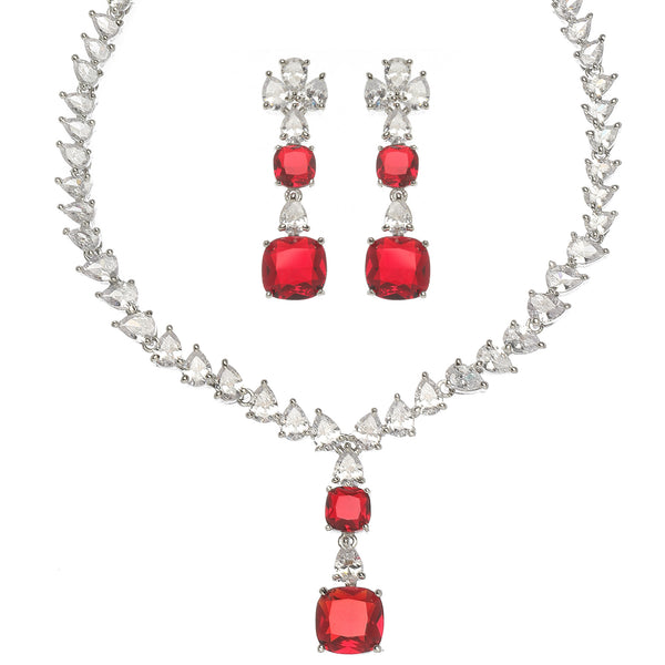 Rhodium-Plated Red Square American Diamonds Studded Pendulous Necklace & Earrings Jewellery Set