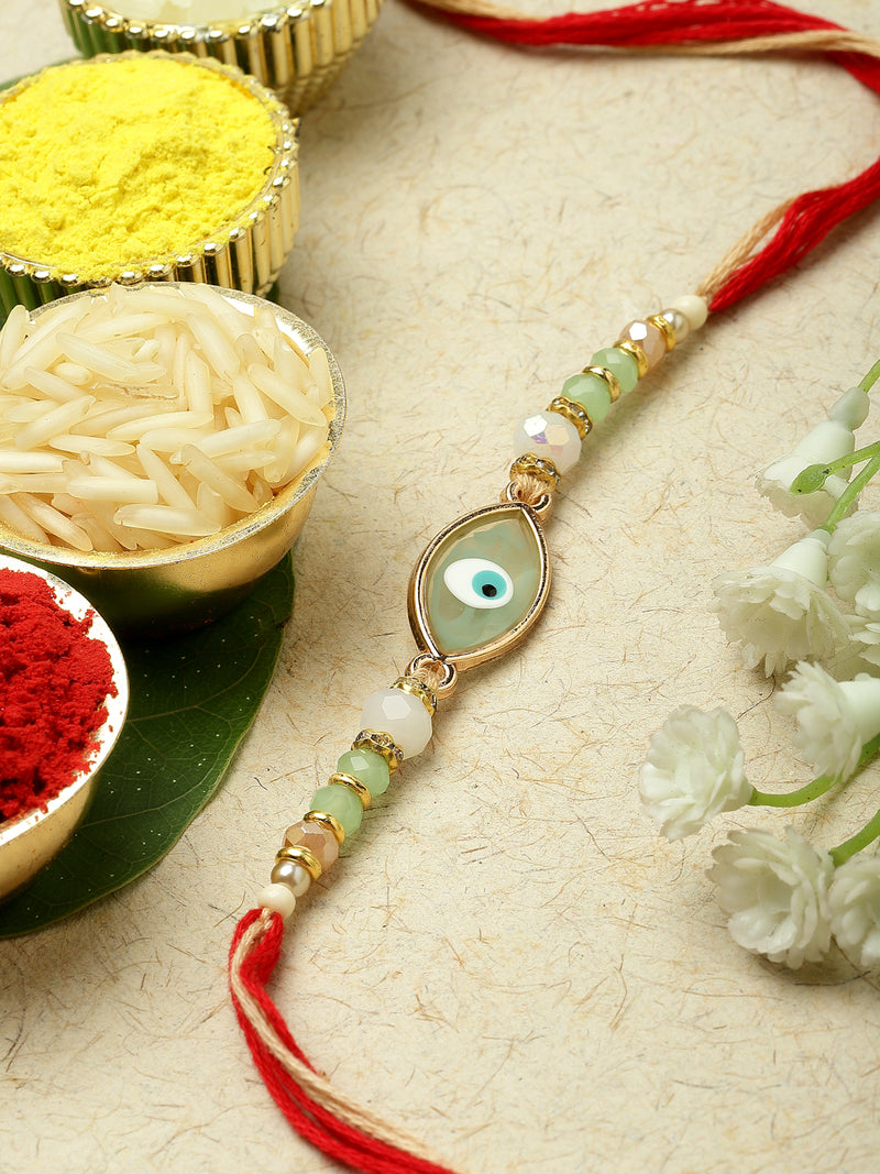 Gold Plated Gold Toned Evil Eye Charm & Beaded Rakhi