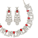 Rhodium-Plated Red & White American Diamonds Studded Squarish Shaped Necklace & Earrings Jewellery Set