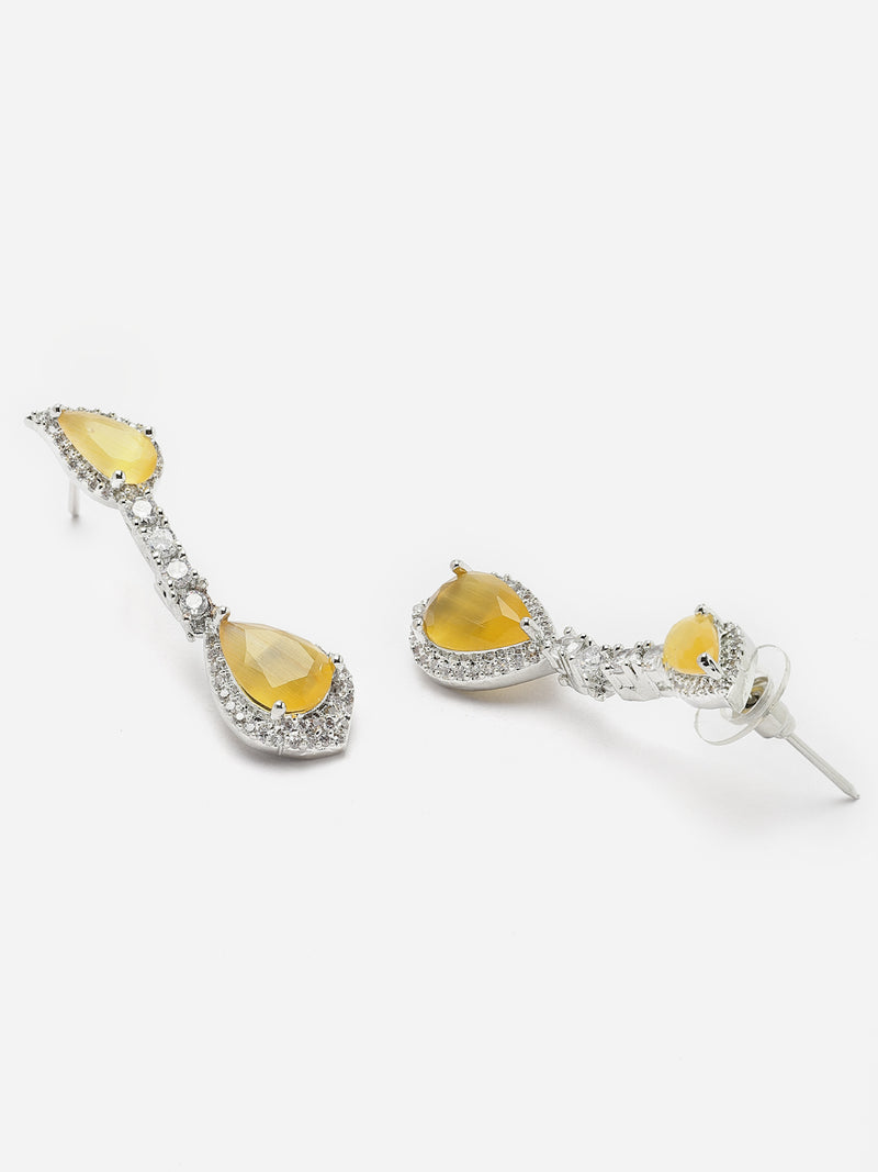 Rhodium-Plated Yellow & White American Diamond studded Teardrop Shaped Classic Drop Earrings