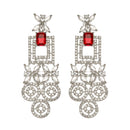 Rhodium-Plated Red & White American Diamonds Studded Squarish Shaped Necklace & Earrings Jewellery Set