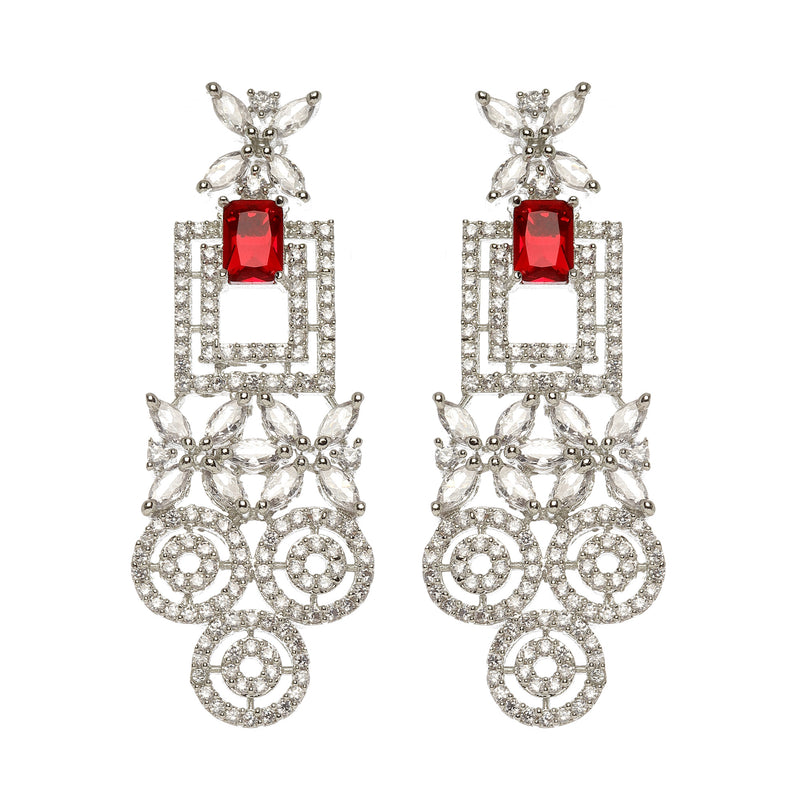 Rhodium-Plated Red & White American Diamonds Studded Squarish Shaped Necklace & Earrings Jewellery Set