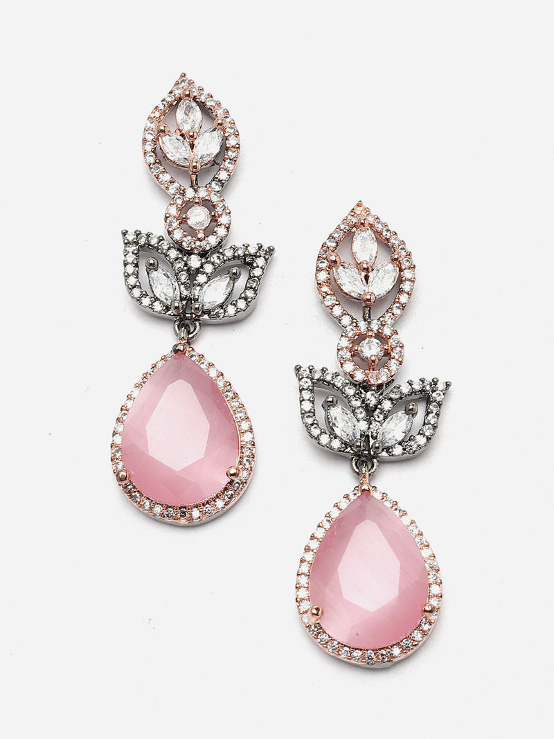 Rose Gold-Plated Gunmetal Toned Pink American Diamond studded Teardrop & Leaf Shaped Drop Earrings