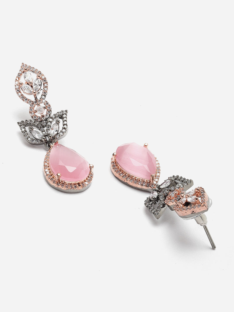 Rose Gold-Plated Gunmetal Toned Pink American Diamond studded Teardrop & Leaf Shaped Drop Earrings