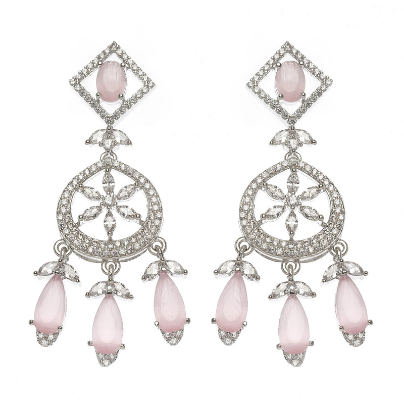 Rhodium-Plated Pink Baguette Teardrops American Diamonds Studded Necklace & Earrings Jewellery Set