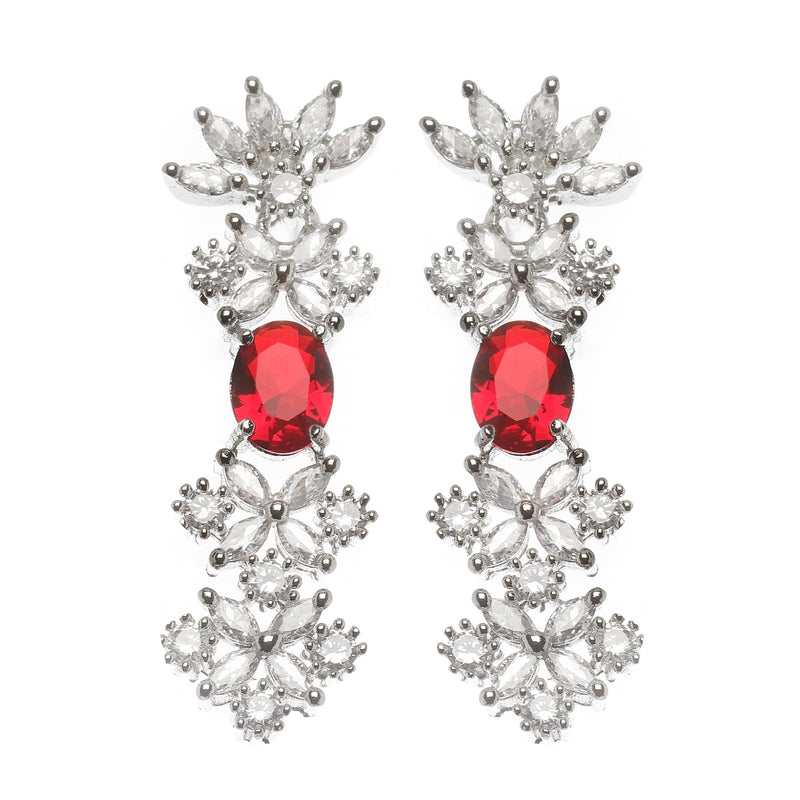 Rhodium-Plated Red American Diamonds Studded Wacky Necklace & Earrings Jewellery Set