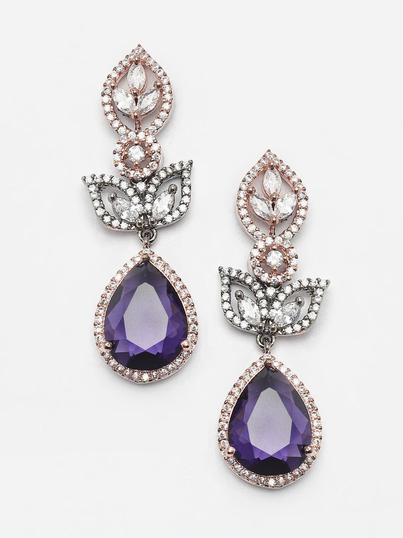Rose Gold-Plated Gunmetal Toned Purple American Diamond studded Teardrop & Leaf Shaped Drop Earrings