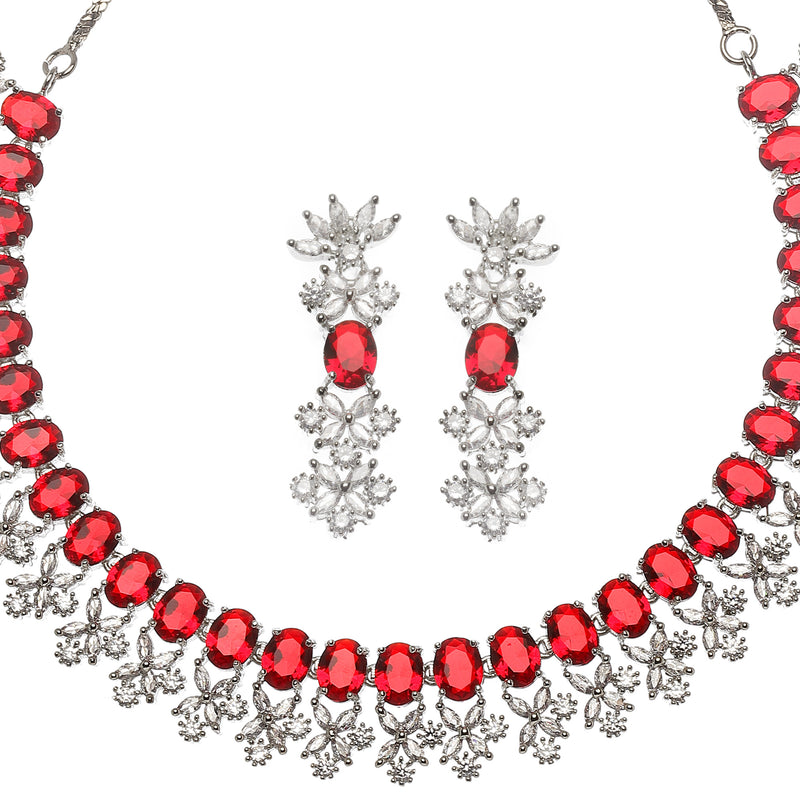 Rhodium-Plated Red American Diamonds Studded Wacky Necklace & Earrings Jewellery Set