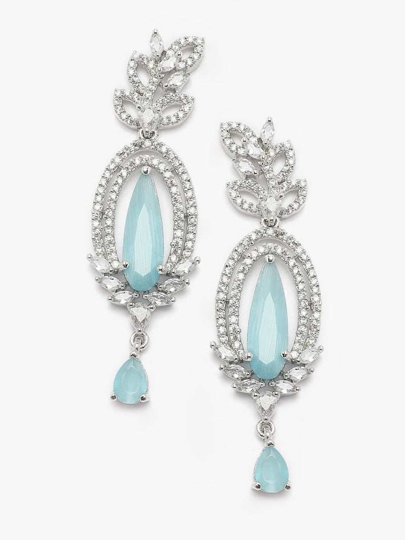 Rhodium-Plated Sky Blue & White American Diamond studded Handcrafted Teardrop Shaped Drop Earrings