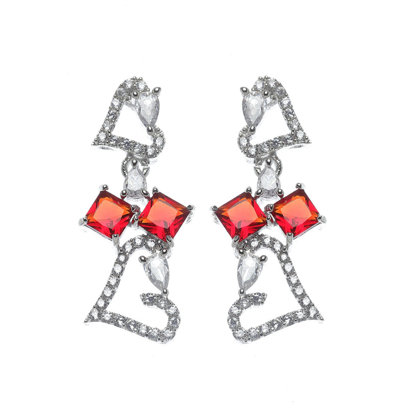 Rhodium-Plated Red American Diamonds Studded Cordate Necklace & Earrings Jewellery Set