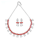 Rhodium-Plated Red American Diamonds Studded Cordate Necklace & Earrings Jewellery Set