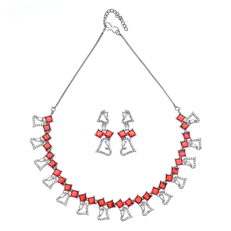 Rhodium-Plated Red American Diamonds Studded Cordate Necklace & Earrings Jewellery Set