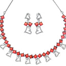 Rhodium-Plated Red American Diamonds Studded Cordate Necklace & Earrings Jewellery Set