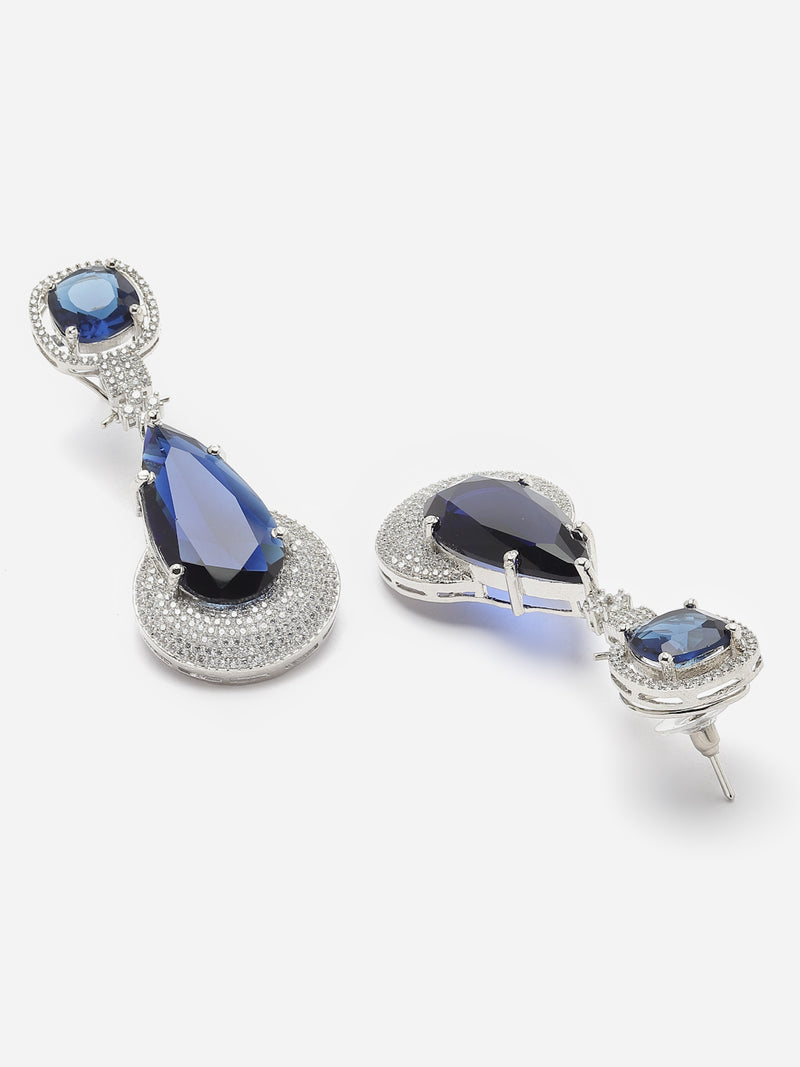 Rhodium-Plated Navy Blue & White American Diamond studded Teardrop Drop Earrings