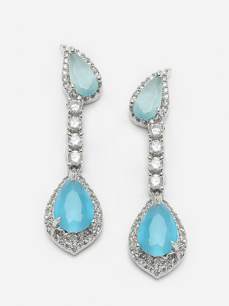 Rhodium-Plated Sky Blue & White American Diamond studded Teardrop Shaped Classic Drop Earrings