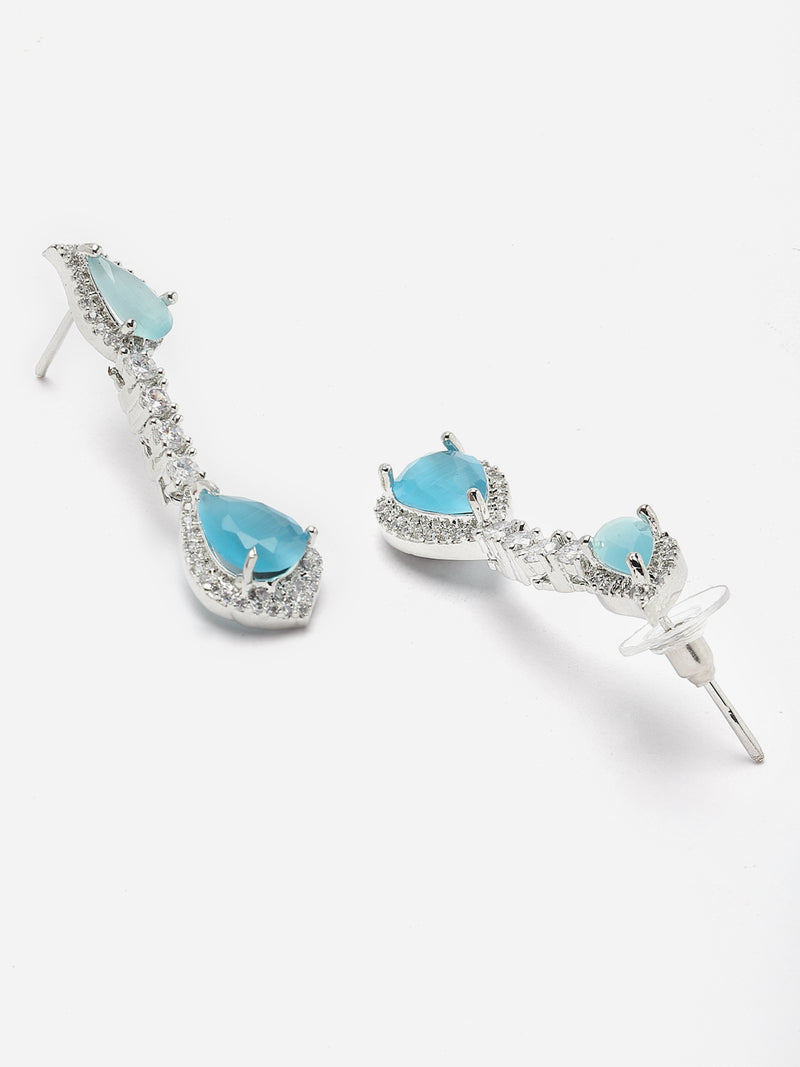 Rhodium-Plated Sky Blue & White American Diamond studded Teardrop Shaped Classic Drop Earrings